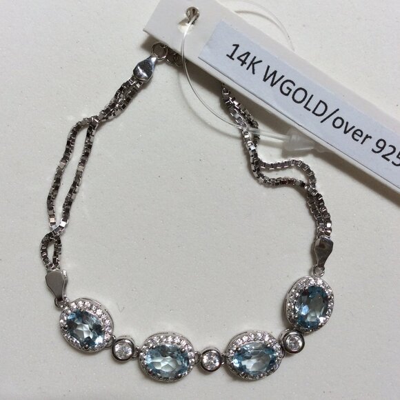 NWT 14K WHITE GOLD Oval Sky Blue Topaz Bracelet 8 Ins - Picture 4 of 5